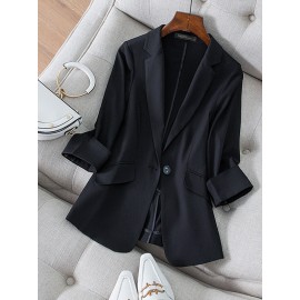 Solid Pocket 3/4 Sleeve Lapel Blazer For Women