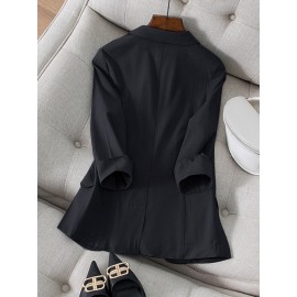 Solid Pocket 3/4 Sleeve Lapel Blazer For Women