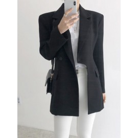 Solid Asymmetrical Hem Long Sleeve Lapel Blazer