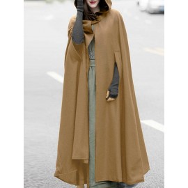 Women Solid Color Button Design Hooded Cloak Coat