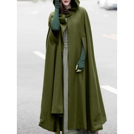 Women Solid Color Button Design Hooded Cloak Coat