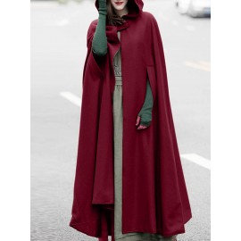 Women Solid Color Button Design Hooded Cloak Coat