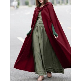 Women Solid Color Button Design Hooded Cloak Coat