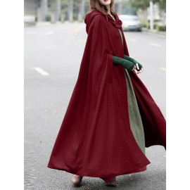 Women Solid Color Button Design Hooded Cloak Coat