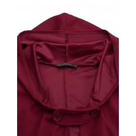Women Solid Color Button Design Hooded Cloak Coat