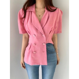 Women Double Breasted Puff Sleeve Solid Lapel Blazer