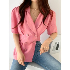 Women Double Breasted Puff Sleeve Solid Lapel Blazer