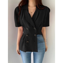 Women Double Breasted Puff Sleeve Solid Lapel Blazer