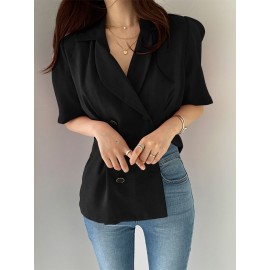 Women Double Breasted Puff Sleeve Solid Lapel Blazer
