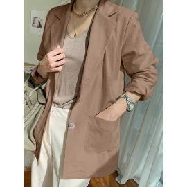 Solid Long Sleeve Pocket Lapel Button Blazer