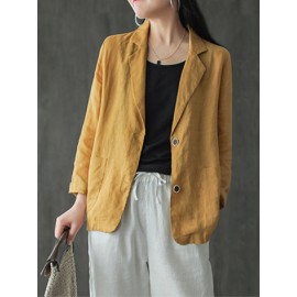Solid Button Pocket Lapel Casual Cotton Blazer