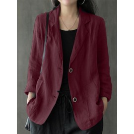 Solid Button Pocket Lapel Casual Cotton Blazer