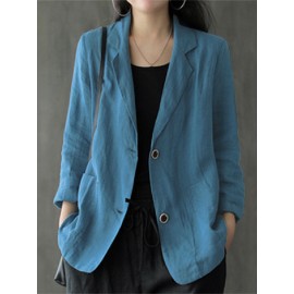 Solid Button Pocket Lapel Casual Cotton Blazer