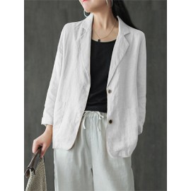 Solid Button Pocket Lapel Casual Cotton Blazer