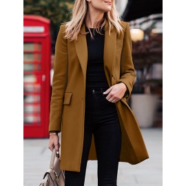 Solid Long Sleeve Buttton Lapel Midi Coat For Women