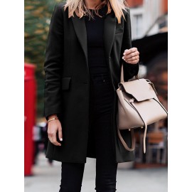Solid Long Sleeve Buttton Lapel Midi Coat For Women