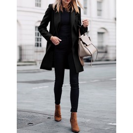 Solid Long Sleeve Buttton Lapel Midi Coat For Women