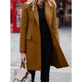 Solid Long Sleeve Buttton Lapel Midi Coat For Women
