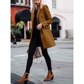 Solid Long Sleeve Buttton Lapel Midi Coat For Women