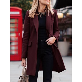 Solid Long Sleeve Buttton Lapel Midi Coat For Women