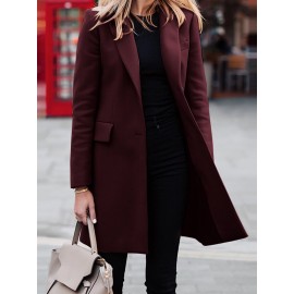 Solid Long Sleeve Buttton Lapel Midi Coat For Women