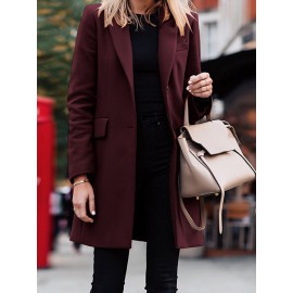 Solid Long Sleeve Buttton Lapel Midi Coat For Women