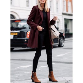 Solid Long Sleeve Buttton Lapel Midi Coat For Women
