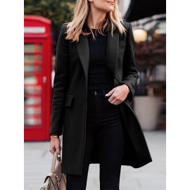 Solid Long Sleeve Buttton Lapel Midi Coat For Women