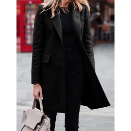 Solid Long Sleeve Buttton Lapel Midi Coat For Women
