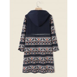 Elk Floral Pattern Button Hooded Long Sleeve Coat