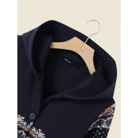 Elk Floral Pattern Button Hooded Long Sleeve Coat