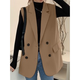 Solid Double Breasted Sleeveless Lapel Vest Blazer