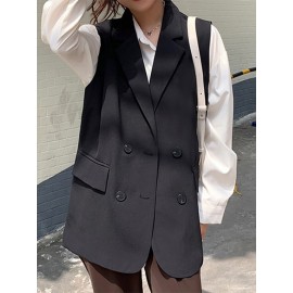 Solid Double Breasted Sleeveless Lapel Vest Blazer