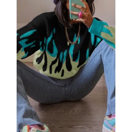 Contrast Color Long Sleeve O-neck Loose Knitted Sweater Contrast Color Long Sleeve O-neck Loose Knitted Sweater