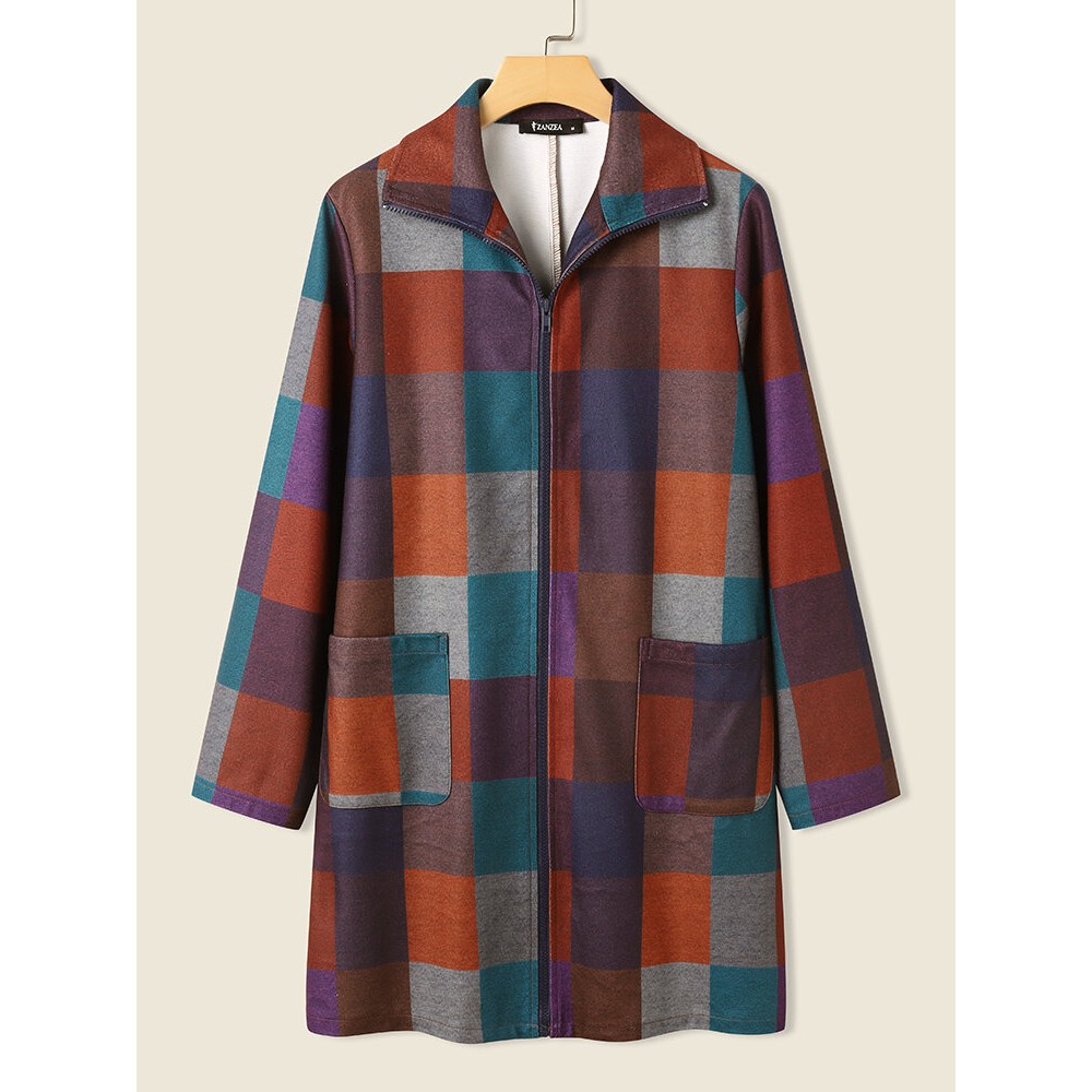 Check Pattern Zip Front Pocket Long Sleeve Lapel Coat Check Pattern Zip Front Pocket Long Sleeve Lapel Coat