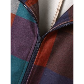 Check Pattern Zip Front Pocket Long Sleeve Lapel Coat Check Pattern Zip Front Pocket Long Sleeve Lapel Coat