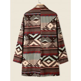 Vintage Geo Pattern Pocket Lapel Long Sleeve Jacket