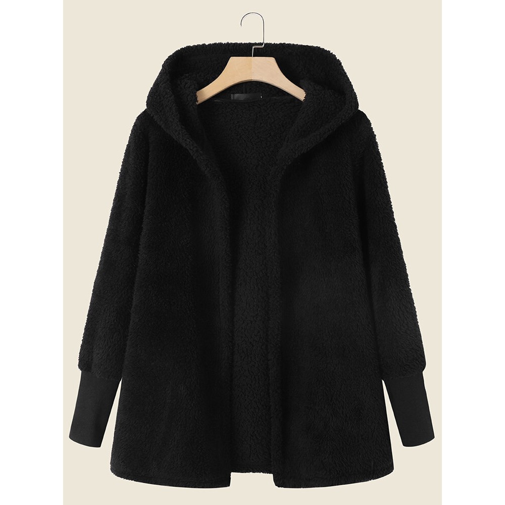 Solid Plush Long Sleeve Hooded Coat For Women