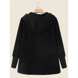 Solid Plush Long Sleeve Hooded Coat For Women