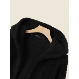 Solid Plush Long Sleeve Hooded Coat For Women