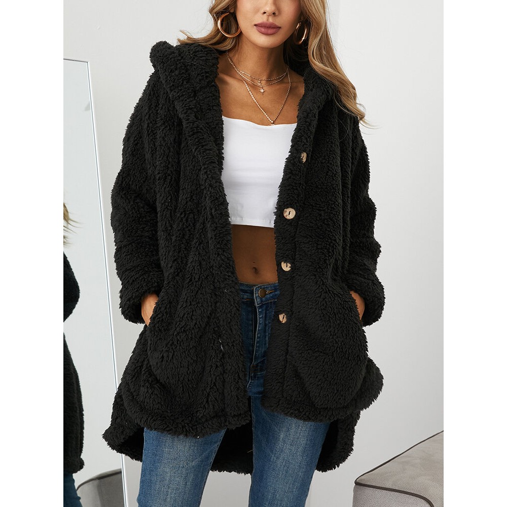 Women Solid Color Button Pocket Loose Plush Casual Coat