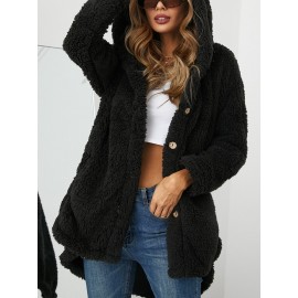 Women Solid Color Button Pocket Loose Plush Casual Coat
