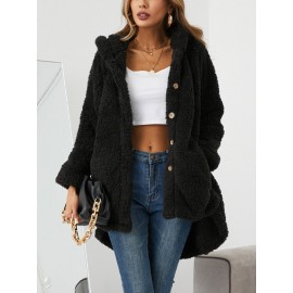 Women Solid Color Button Pocket Loose Plush Casual Coat