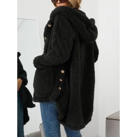 Women Solid Color Button Pocket Loose Plush Casual Coat