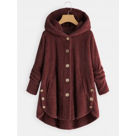 Women Solid Color Button Pocket Loose Plush Casual Coat