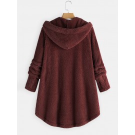 Women Solid Color Button Pocket Loose Plush Casual Coat