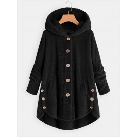 Women Solid Color Button Pocket Loose Plush Casual Coat