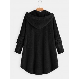 Women Solid Color Button Pocket Loose Plush Casual Coat
