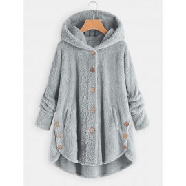 Women Solid Color Button Pocket Loose Plush Casual Coat