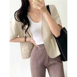 Solid Button Front Pocket Short Sleeve Lapel Blazer
